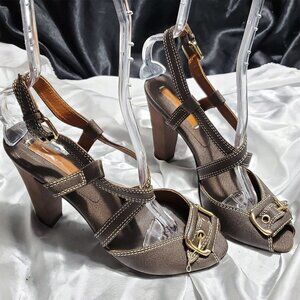 BCBGMAXAZRIA brown strappy thick heel open toe high heel sling back sandals